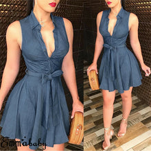Load image into Gallery viewer, Women Sleeveless Denim deep V neck dress women summer mini  Blue Dress Belted Party Short Mini Dress summer clothes