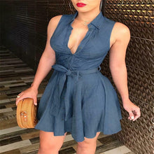 Load image into Gallery viewer, Women Sleeveless Denim deep V neck dress women summer mini  Blue Dress Belted Party Short Mini Dress summer clothes